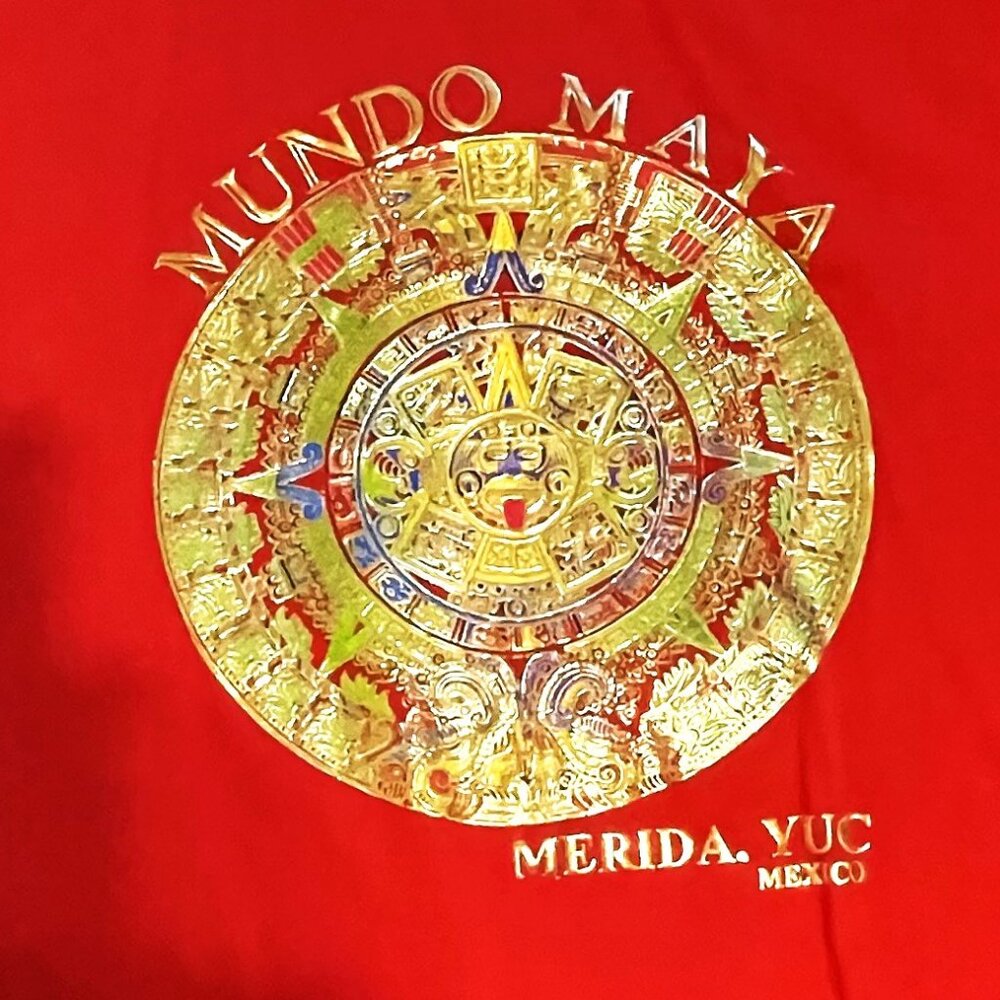 JUMP XXL Red & Gold T-Shirt with the Mayan Calender on the front.